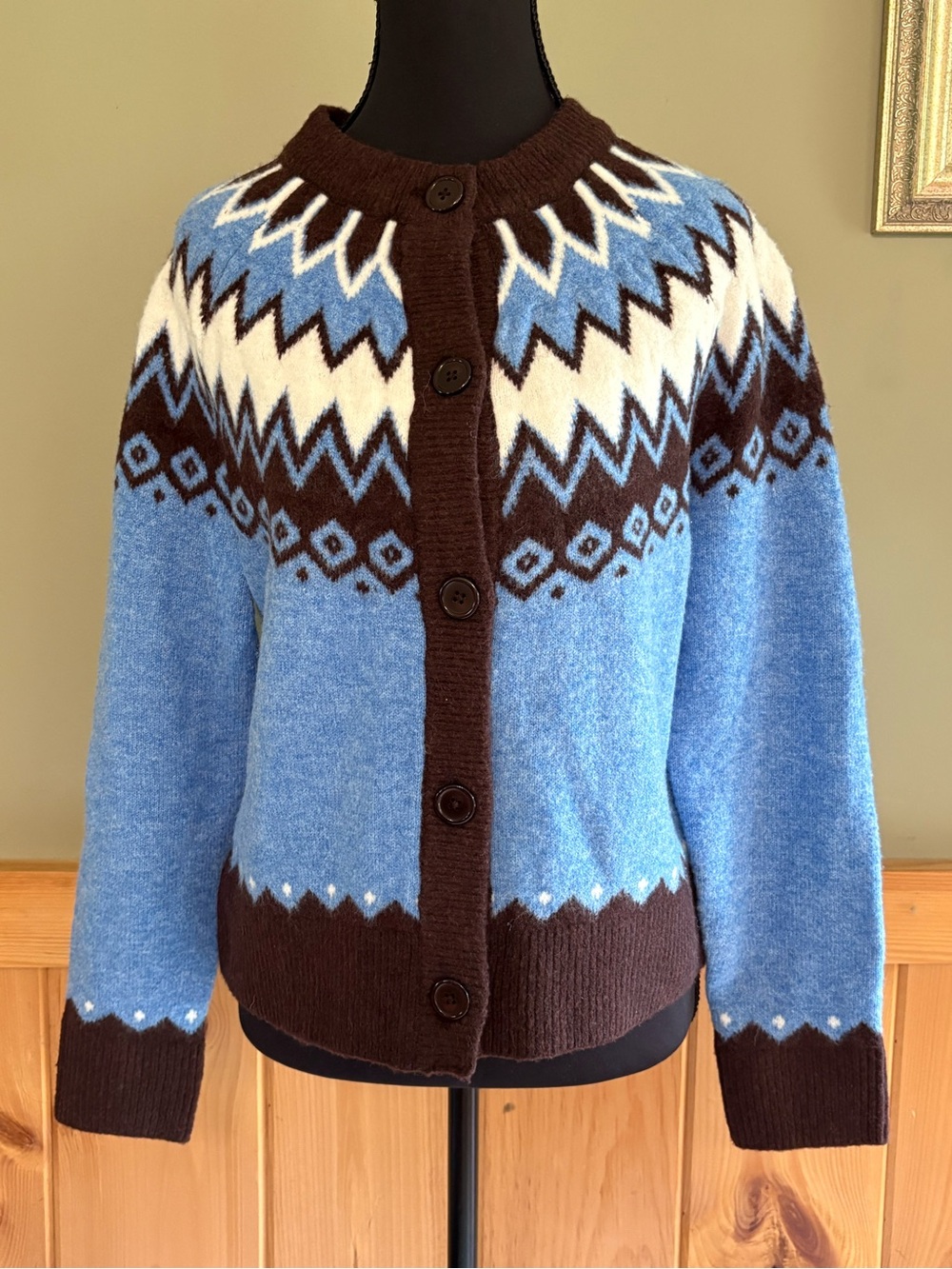Joie Blue and Brown Fair Isle Wool-Blend Cardigan size XS NWT